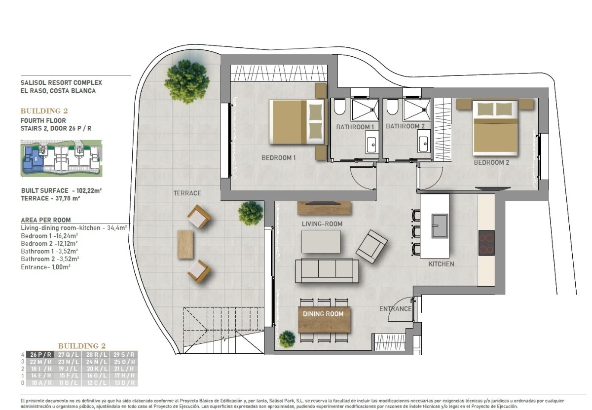 Grundriss (Die Terrasse ist in Richtung Poolausgerichtet) Das Solarium befindet Sich über der ganzen Wohnung.